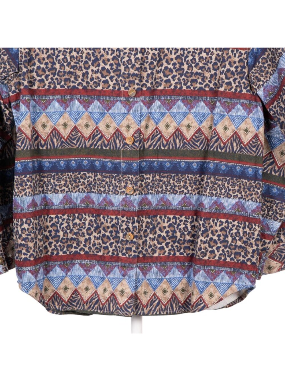 VTG Safari Denim Shirt M Petite 90s Leopard Geometric Button Up Leopard Camp - Picture 3 of 6